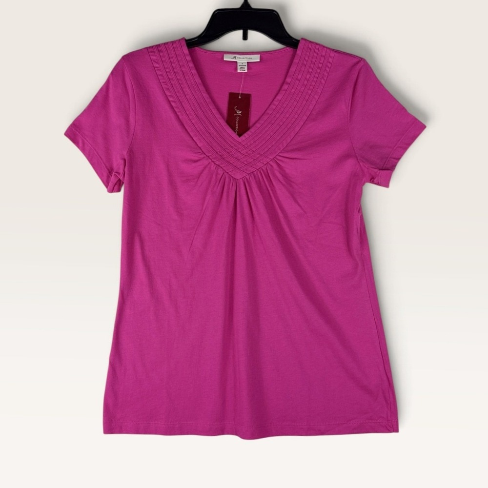 JM Collection Modern Ethnics T-Shirt Womens Small Hot Pink V-Neck Cotton NEW